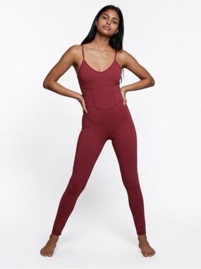 Women's JoyLab Corset Sleeveless Pant Bodysuit Wine Red Size Small